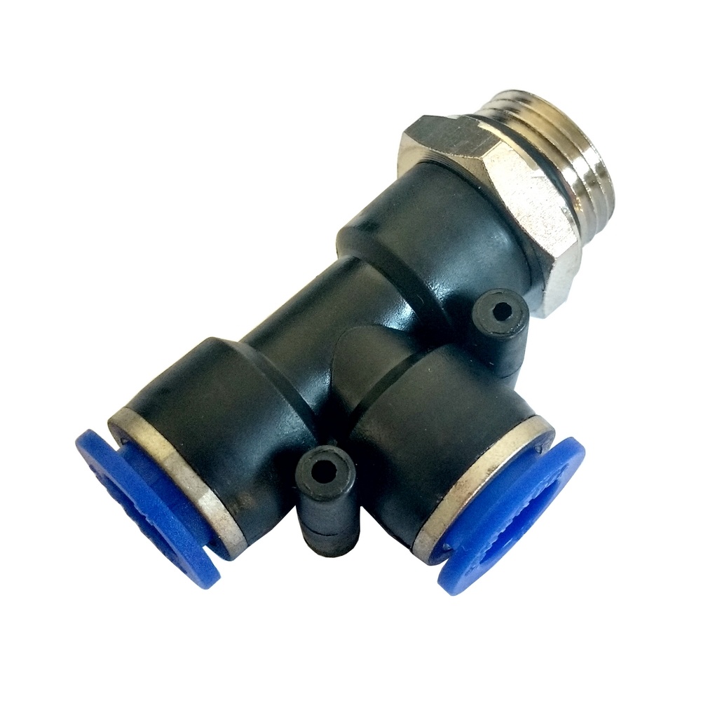 Tee Macho Lateral Tubo 10 mm x Rosca Macho 3/8" BSP - PST-G (Conexão Pneumática Instantânea)