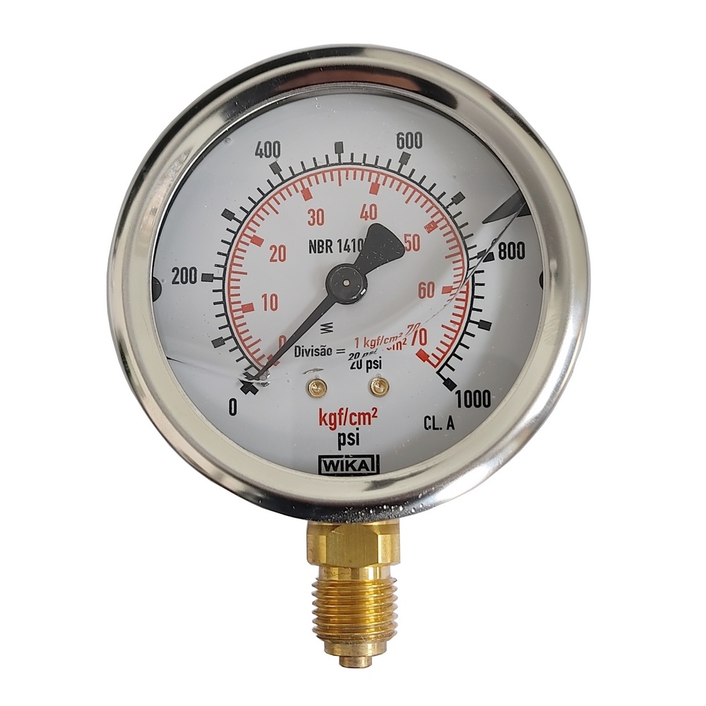 Manômetro Vertical 1000 PSI / 70KGF/CM2 Com Rosca 1/4" BSP, Caixa Em Inox/Glicerina Ø 63 mm 