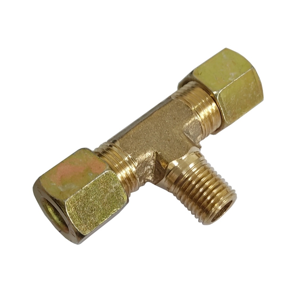Tee Macho Central Tubo 1/4" x 1/8" NPT - Latão c/ Porca em Aço 