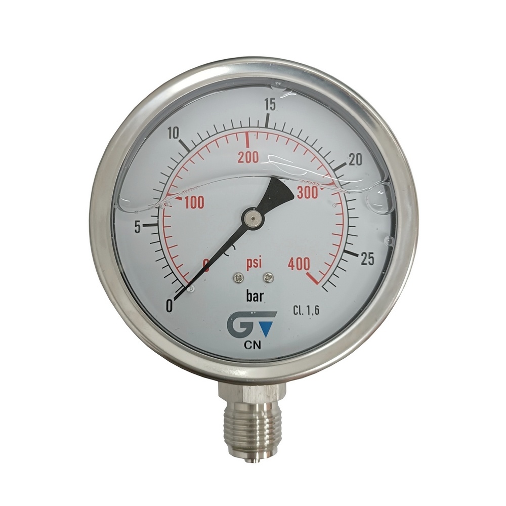 Manômetro Vertical 400 PSI / 25 Bar Com Rosca 1/2" BSP, Total Inox/Glicerina Ø 100 mm 