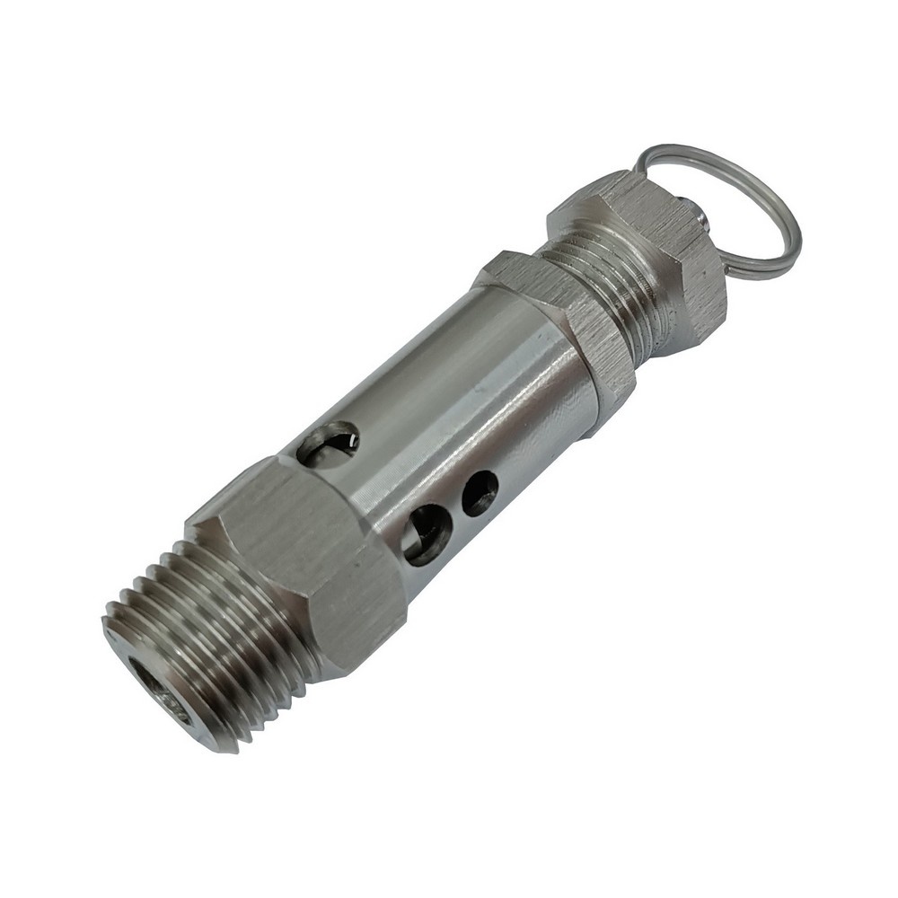 Válvula de Segurança / Alívio 125 Psi/Libras (8,6 Bar), Rosca 1/2" BSPT em Inox c/ Argola e Vedação em Viton Utilizada em Reservatórios de Compressores de Ar (Não Certificada)