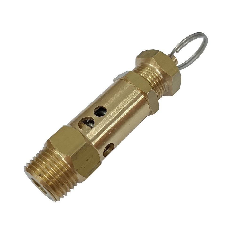 Válvula de Segurança / Alívio 125 Psi/Libras (8,6 Bar), Rosca 1/2" BSPT em Latão c/ Argola e Vedação em Viton Utilizada em Reservatórios de Compressores de Ar (Não Certificada)