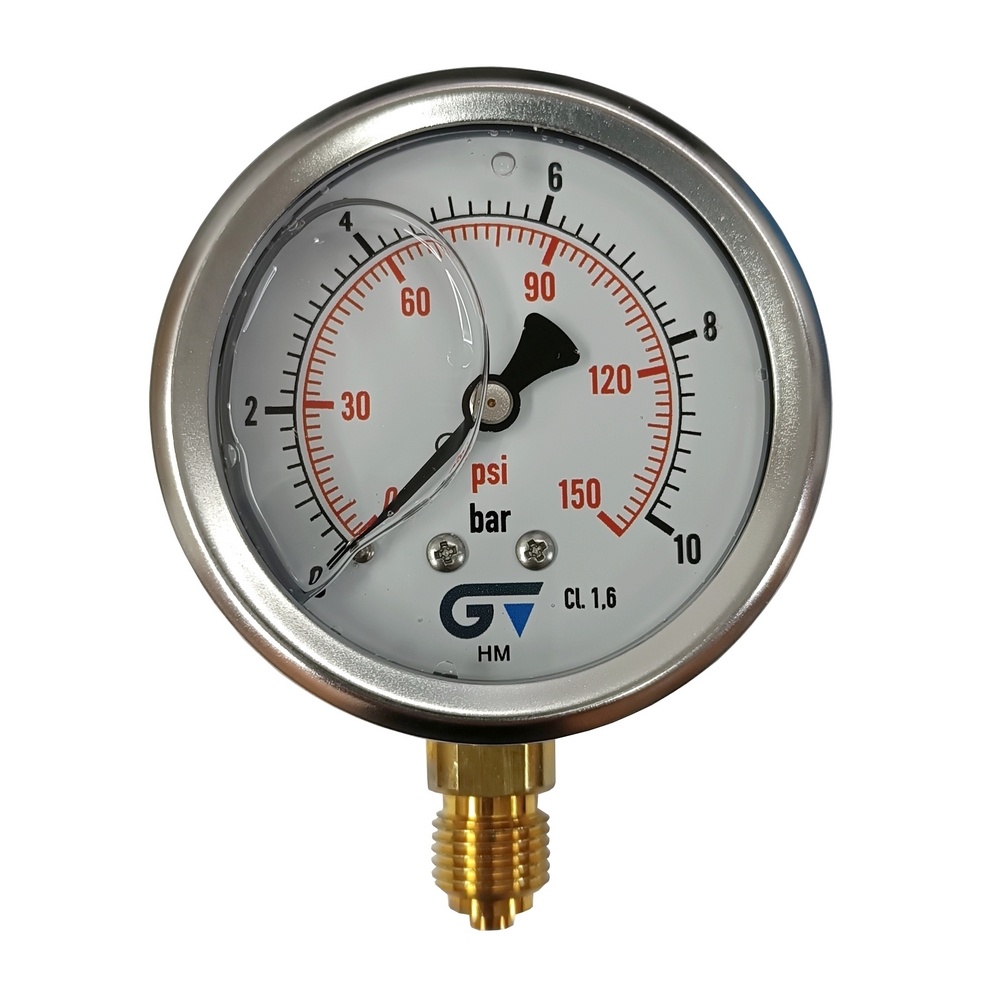 Manômetro Vertical 150 PSI / 10 Bar com Rosca 1/4" BSP e Caixa em Inox/Glicerina Ø 63 mm 