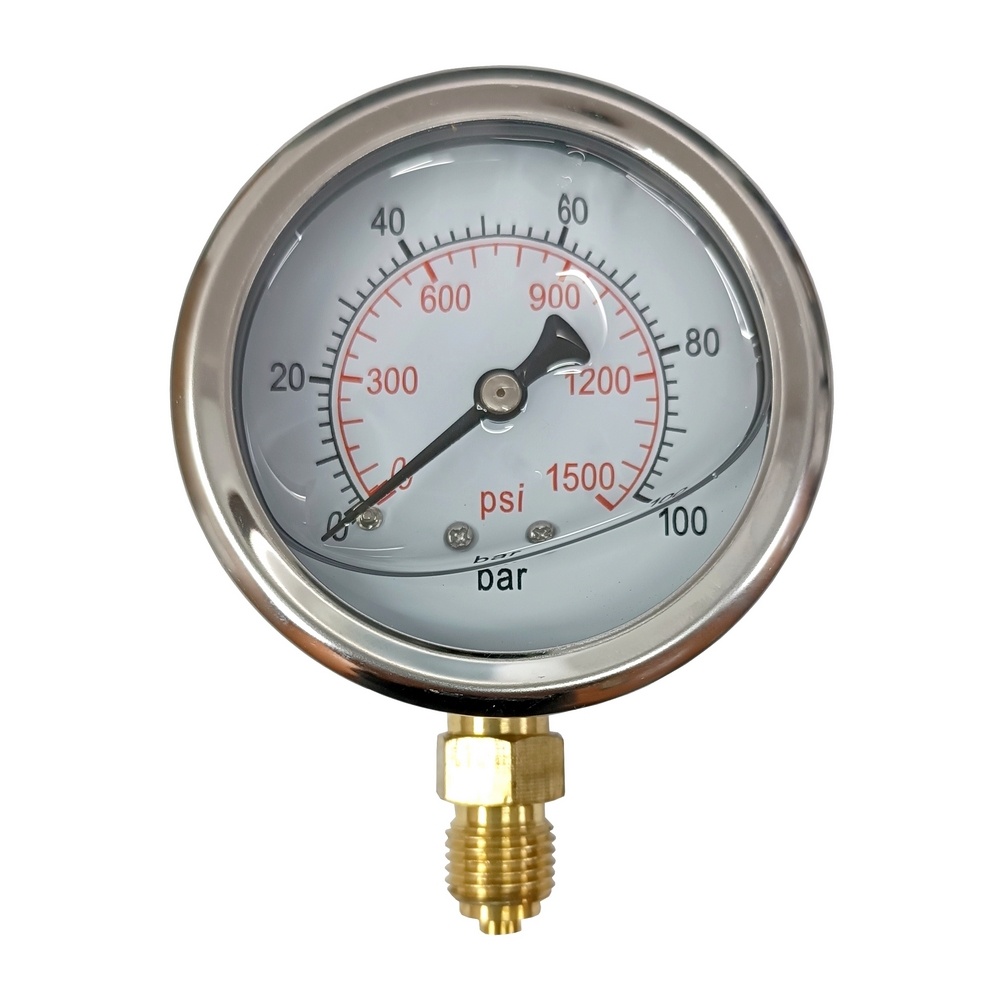 Manômetro Vertical 1500 Psi / 100 Bar Com Rosca 1/4" BSP, Caixa Em Inox/Glicerina Ø 63 mm 