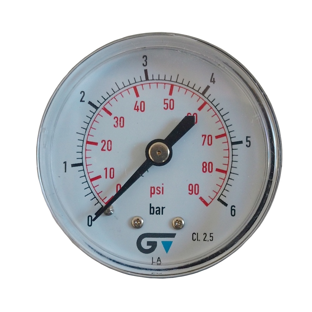 Manômetro Horizontal 90 PSI / 6 Bar Com Rosca 1/4" BSP, Caixa Em ABS/Seco Ø 53 mm 